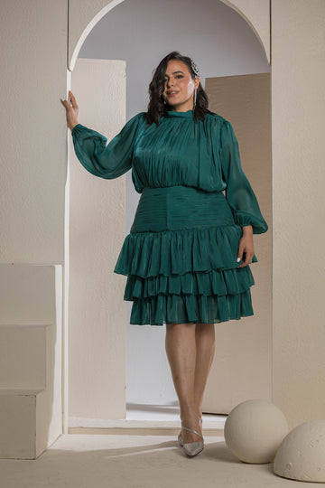 Shimmer Pleated Tier Mini Dress - Emerald Green